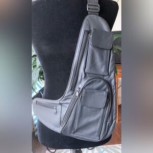 Black Leather Crossbody Sling Bag Made in Mexico Multi Pocket Travel Holster